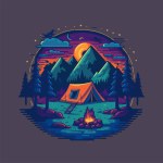 Vintage Camping Tent Illustration. Adventure wild life. Vintage design with mountains, forest silhouettes. For poster, banner, emblem, sign, logo.