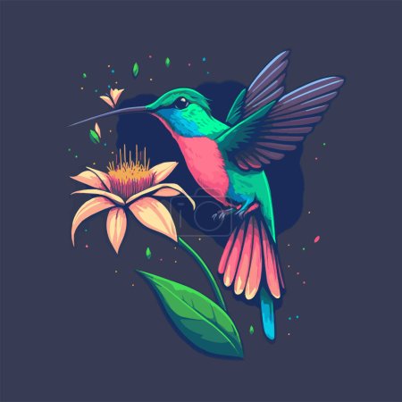 Téléchargez les illustrations : Illustration de colibris volant au-dessus de fleurs tropicales exotiques - en licence libre de droit
