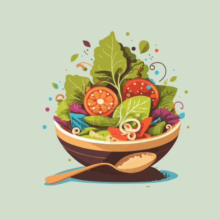 Téléchargez les illustrations : Salade se compose de tomate, feuilles de laitue, roquette, basilic, poivrons, oignons et concombre. Concept d'alimentation saine Illustration vectorielle - en licence libre de droit