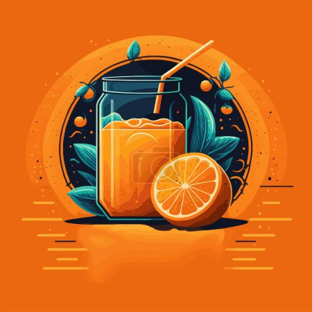 Illustration for Fresh orange fruit with leaf and glass of juice isolated background. Healthy lifestyle and vegetarian food concept. Vector illustration.template for your design Poster Logo - Royalty Free Image
