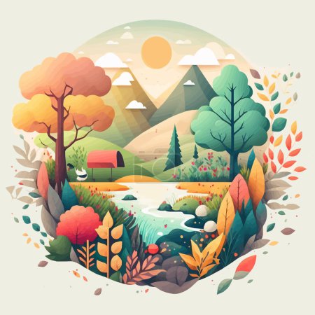Illustration for Illustration of Nature Mountain Forest Jungle Landscape Background in Flat Vector Color for Icon, Logo, Poster, Banner, Flayer - Royalty Free Image