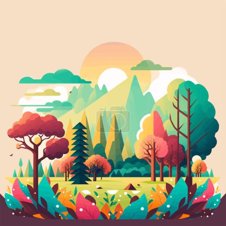 Téléchargez les illustrations : Illustration de la nature Montagne Forêt Jungle Paysage Arrière-plan en couleur vectorielle plate pour icône, logo, affiche, bannière, couche - en licence libre de droit