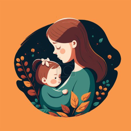 Illustration for Mother hug baby child on floral background, happy mother's day vector flat style illustration, I love you mommy - Royalty Free Image
