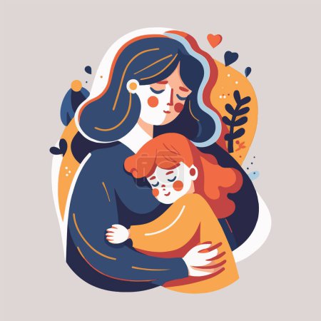 Ilustración de Madre abrazo bebé niño sobre fondo floral, vector feliz día de la madre ilustración de estilo plano, te amo mami - Imagen libre de derechos