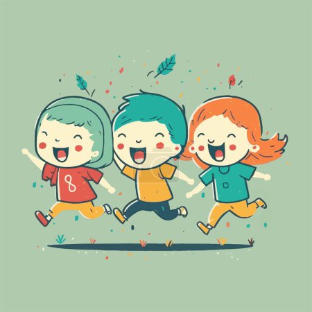 Téléchargez les illustrations : Enfants heureux sautant jouer ensemble illustration. Journée internationale de l'enfant Modèle de fond en style plat vectoriel - en licence libre de droit