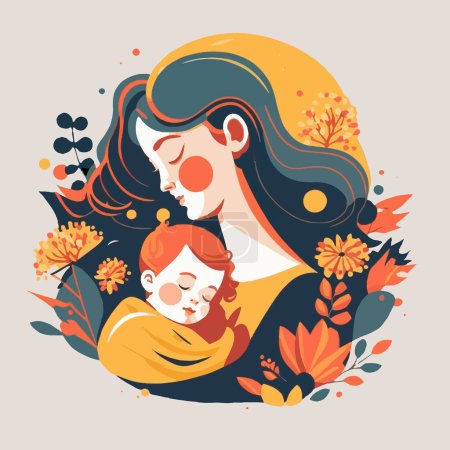 Téléchargez les illustrations : Mère câlin bébé enfant sur fond floral, heureux vecteur de la fête des mères illustration de style plat, je t'aime maman - en licence libre de droit