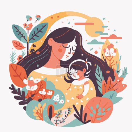 Ilustración de Madre abrazo bebé niño sobre fondo floral, vector feliz día de la madre ilustración de estilo plano, te amo mami - Imagen libre de derechos