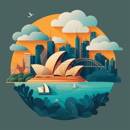 Téléchargez les illustrations : Illustration de bâtiments du paysage vectoriel de voyage de l'Australie avec l'architecture de l'opéra de Sydney, point de repère et panorama - en licence libre de droit