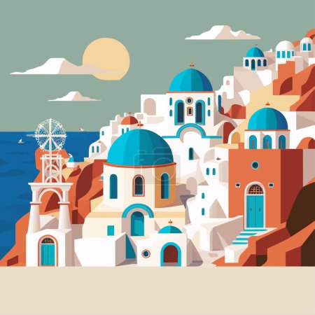 Illustration for Flat design santorini Greece Building Architecture view illustration vector Travel Vacation tourism Icon landmark - Royalty Free Image
