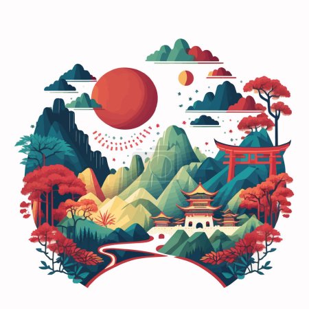 Téléchargez les illustrations : Visitez la Chine Beijing tourisme. Affiche de voyage, monument de la ville Destination Illustration plate vectorielle pour icône ou bannière logo - en licence libre de droit