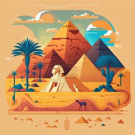 Téléchargez les illustrations : Pyramide de fond égyptien. Symboles d'histoire des égyptiens. Architecture pyramidale égyptienne, illustration vectorielle plate du point de repère touristique - en licence libre de droit