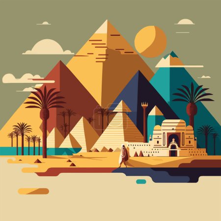 Téléchargez les illustrations : Pyramide de fond égyptien. Symboles d'histoire des égyptiens. Architecture pyramidale égyptienne, illustration vectorielle plate du point de repère touristique - en licence libre de droit