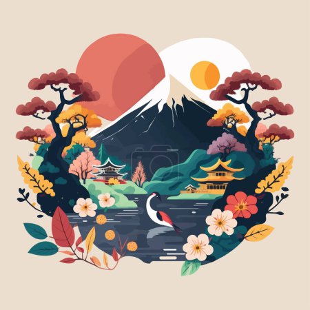 Illustration for Illustration of Fuji mount Japan Travel destination concept, tourism landmark flat color style vector - Royalty Free Image