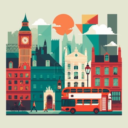 Téléchargez les illustrations : Illustration de Big ben Tower London Bridge Angleterre Concept de voyage et de tourisme Vecteur plat élégant - en licence libre de droit