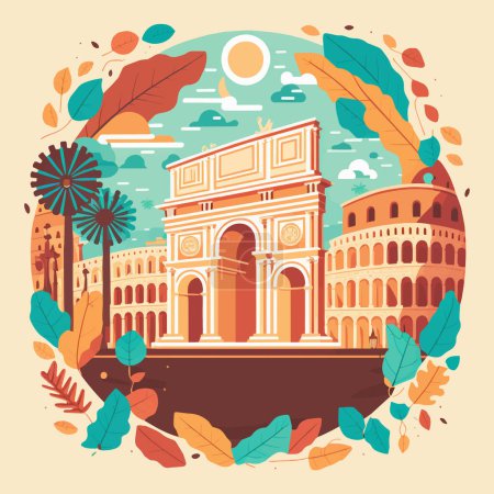 Ilustración de Ilustración vectorial del concepto del logotipo de la insignia de la ciudad de la guía de viaje de Roma en estilo plano para el cartel de fondo - Imagen libre de derechos