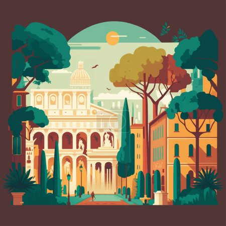 Ilustración de Ilustración vectorial del concepto del logotipo de la insignia de la ciudad de la guía de viaje de Roma en estilo plano para el cartel de fondo - Imagen libre de derechos