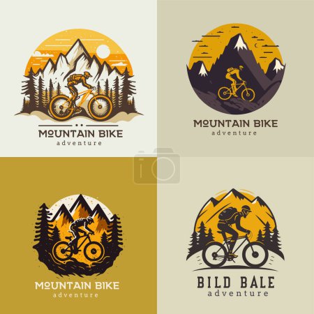 Ilustración de Logotipo de la colección de montañas bicicleta de montaña en el fondo. Bicicleta, transporte, cuesta abajo, paseo libre, extremo, diseño deportivo, insignia de la etiqueta del logotipo - Imagen libre de derechos