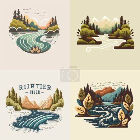 Ilustración de Logotipo premium conjunto de valle río naturaleza bosque de montaña logotipo colección etiqueta insignia vector ilustración - Imagen libre de derechos