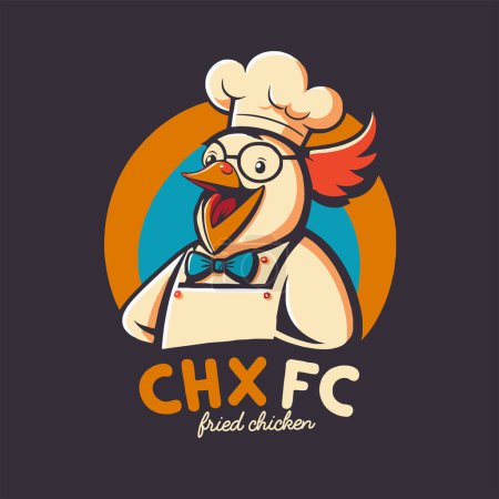 Téléchargez les illustrations : Illustration du logo de la mascotte de chef coq de poulet frit pour le concept de restaurant alimentaire image de marque dans le style de dessin animé vectoriel - en licence libre de droit