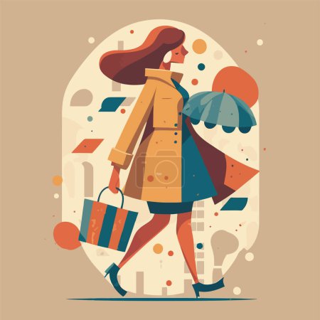 Illustration for Fashionable woman shopping carrying bags. Concept of shopping addiction, shopaholic vector flat style illustration - Royalty Free Image