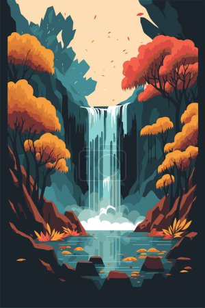 Ilustración de Ilustración de Bosque de cascada naturaleza fondo tropical selva fondo de pantalla vector color plano estilo - Imagen libre de derechos