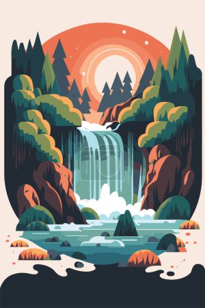 Ilustración de Ilustración de Bosque de cascada naturaleza fondo tropical selva fondo de pantalla vector color plano estilo - Imagen libre de derechos