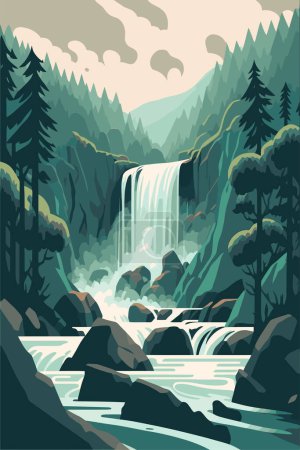 Illustration von Wasserfall Wald Natur tropischen Hintergrund Dschungel Tapete Vektor flache Farbe Stil