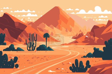 sable désert paysage au coucher du soleil avec cactus et montagnes plat couleur vecteur style illustration