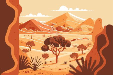 Illustration for Sand desert landscape in sunset with cactus and mountains flat color vector style illustration - Royalty Free Image