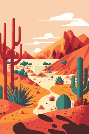 Illustration for Sand desert landscape in sunset with cactus and mountains flat color vector style illustration - Royalty Free Image