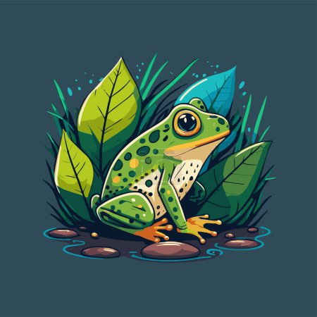 Illustration for Illustration of green frog character logo mascot design in cartoon vector flat color style for business branding - Royalty Free Image