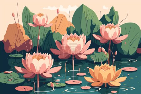 Illustration for Illustration of lotus lily water flower and leaf on water lake or pond nature background wallpaper - Royalty Free Image