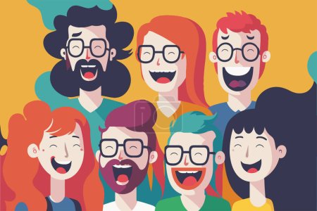 Téléchargez les illustrations : Illust happy laugh group people, portrait de garçons et de filles adolescentes souriantes sur le nouveau style de dessin animé vectoriel couleur plate de fête de l'année - en licence libre de droit