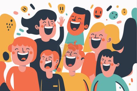 Téléchargez les illustrations : Illust happy laugh group people, portrait de garçons et de filles adolescentes souriantes sur le nouveau style de dessin animé vectoriel couleur plate de fête de l'année - en licence libre de droit