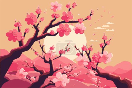 Illustration for Branch cherry blossoming flower tree, Sakura japan spring flowers background in vector flat color illustration - Royalty Free Image