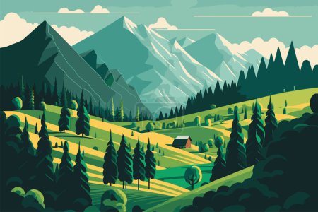 Campo verde de montaña paisaje alpino naturaleza con casas de madera ilustración en vector plano color estilo ilustración
