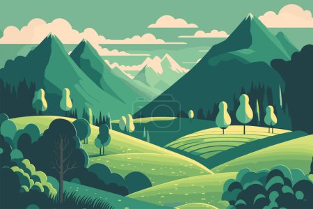 Illustration for Mountain green field alpine landscape nature with wooden houses illustration in vector flat color style illustration - Royalty Free Image