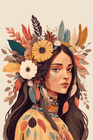 Illustration for Boho tribal indian girl portrait with feathers in hair and wearing traditional poncho, beautiful Indigenous woman shaman illustration - Royalty Free Image