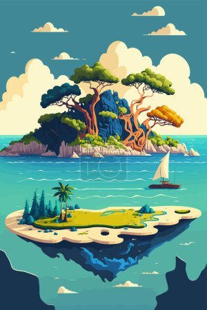 Illustration for Illustration of Tropical island in ocean with mountain and palm trees isolated background in vector flat color style - Royalty Free Image