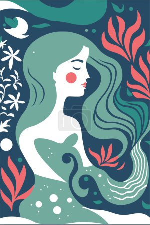 Illustration for Mermaid decorative background in flat color vector illustration for design template poster wall art print, cover, invitation card - Royalty Free Image