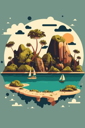 illustration of Tropical island in ocean with mountain and palm trees isolated background in vector flat color style
