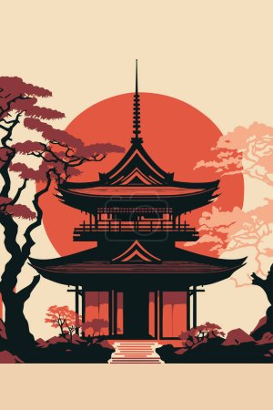 Illustration for Illustration japan temple or asian pagoda, japanese traditional landmark with cherry blossom tree Mount Fuji vector design poster flayer template - Royalty Free Image