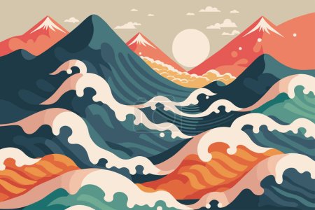 Téléchargez les illustrations : Illustration big ocean wave with sun poster in japanese style vector for wall art print design template - en licence libre de droit