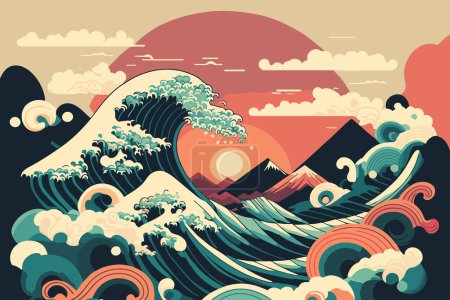 illustration big ocean wave with sun poster in japanese style vector for wall art print design template