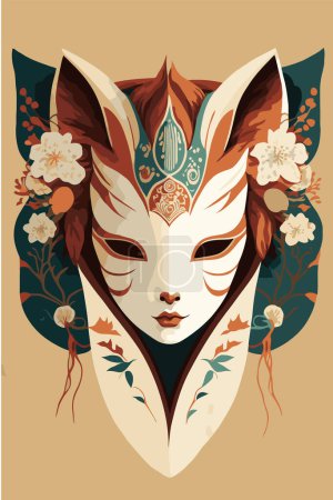 Ilustración de Illustrationof kitsune mask artwork with sakura flower, japanese mask vector wall art print japan style - Imagen libre de derechos