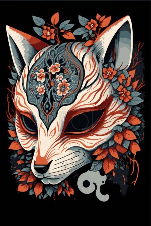 illustrationof kitsune mask artwork with sakura flower, japanese mask vector wall art print japan style