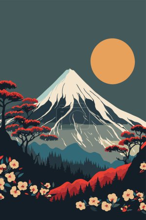 Illustration for Illustration of japanese mountain landscape background, mount fuji japan vector style background for wall art print decor poster design - Royalty Free Image