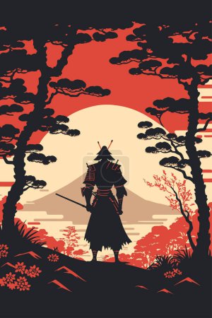 Ilustración de Illustration of Silhouette of Japanese samurai warrior with sword standing on sunset vector background for wall art print banner design template - Imagen libre de derechos