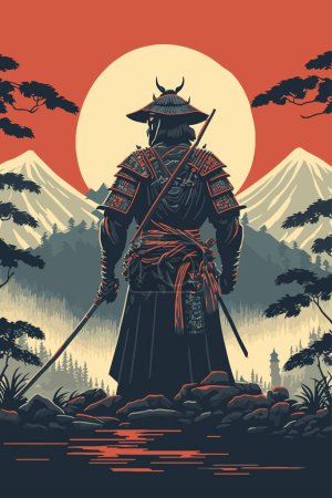 Illustration for Illustration of Silhouette of Japanese samurai warrior with sword standing on sunset vector background for wall art print banner design template - Royalty Free Image