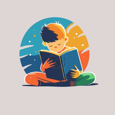 Ilustración de Vector illustration little boy kid reading book logo icon in flat vector design for poster banner card design template - Imagen libre de derechos